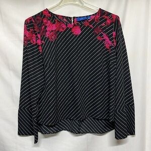Apt 9 Floral Stripe Hi-Low Blouse Size Large Bell Sleeve Keyhole Back Top